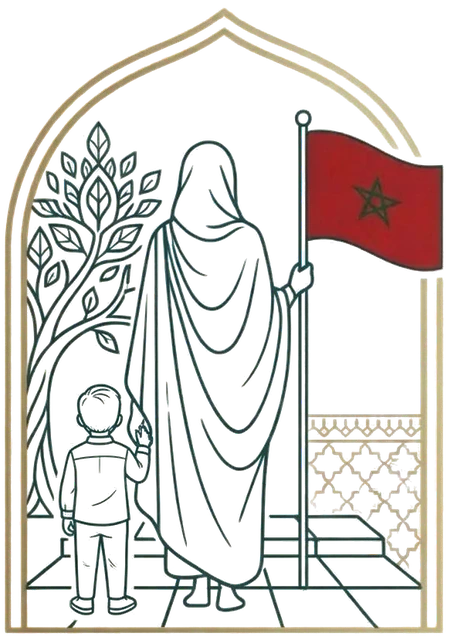 Le logo de l’association : sous une arche, une femme en haïk tient le drapeau marocain et donne la main à un enfant